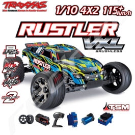 Traxxas Rustler VXL radio vadāms modeļa auto, jaudīgs 1/10 skala, brushless motora tehnoloģija, izturīgs un ātrs, ideāls hobijam.