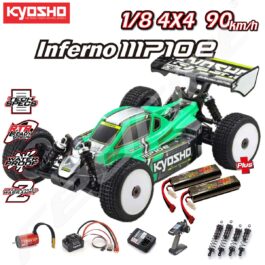 Kyosho radio vadāma modeļa auto ar papildaprīkojumu, baterijām un kontrolieri.