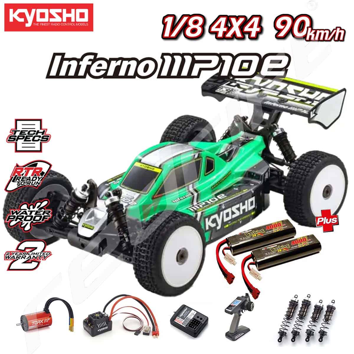 Kyosho radio vadāma modeļa auto ar papildaprīkojumu, baterijām un kontrolieri.
