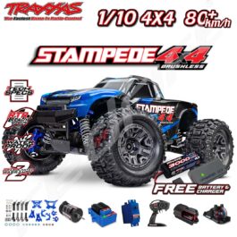 Traxxas Stampede 4x4 brīvroku radio vadámo modeļu auto, ar jaudīgu akumulatoru un ūdensdrošību.