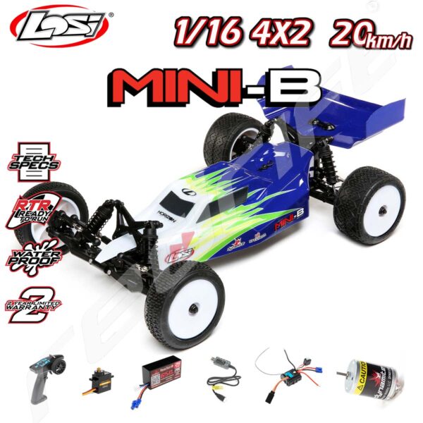Losi: 1/16 Mini-B 2WD Buggy Brushed RTR, Blue/White