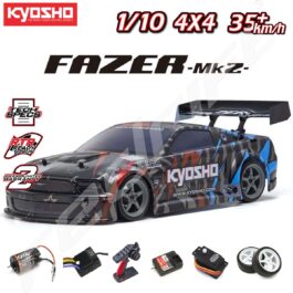 Kyosho radio vadāmais modeļa auto ar dažādiem komponentiem, piemērots sacensībām.