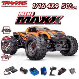 RAZOTS: Mini MAXX radio vadāms iekrāsojuma sacīkšu auto ar 1/16 mērogu, 4x4 transmisiju un 50+ km/h ātrumu.