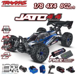 Traxxas JATO 4x4 bezvada astoņu kodolu radiovadāma modeļa auto ar 1/8 mēroga skalas izmēru un ūdensizturību.