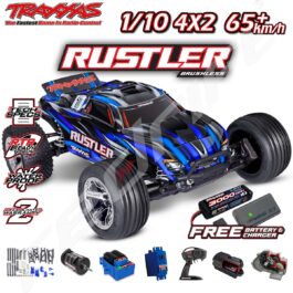 Traxxas Rustler RC auto, 1/10 mēroga, bezvadu vadība, ūdensdrošs un ar 65+ km/h ātrumu. Ideāls radio vadāmo modeļu entuziastiem.