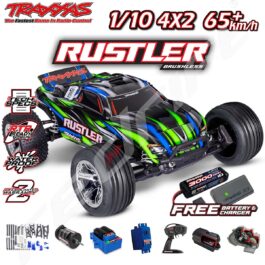 Traxxas Rustler radio vadāmais modeļa auto ar lielisku veiktspēju, bezvadu kontroli un drošas ūdensnecaurlaidības funkcijas.