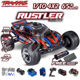 Traxxas Rustler radio vadāmais modeļa auto, ātrs, ūdensizturīgs un ar 2 gadu garantiju, ideāls entuziastiem.
