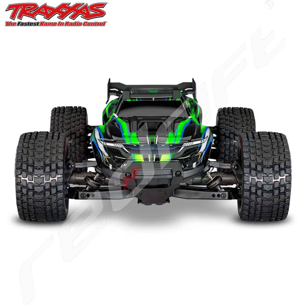 Traxxas radio vadāms auto, melns ar zaļām un zilām līnijām, daudzšķautņa riepas, sportiska dizaina modelis.